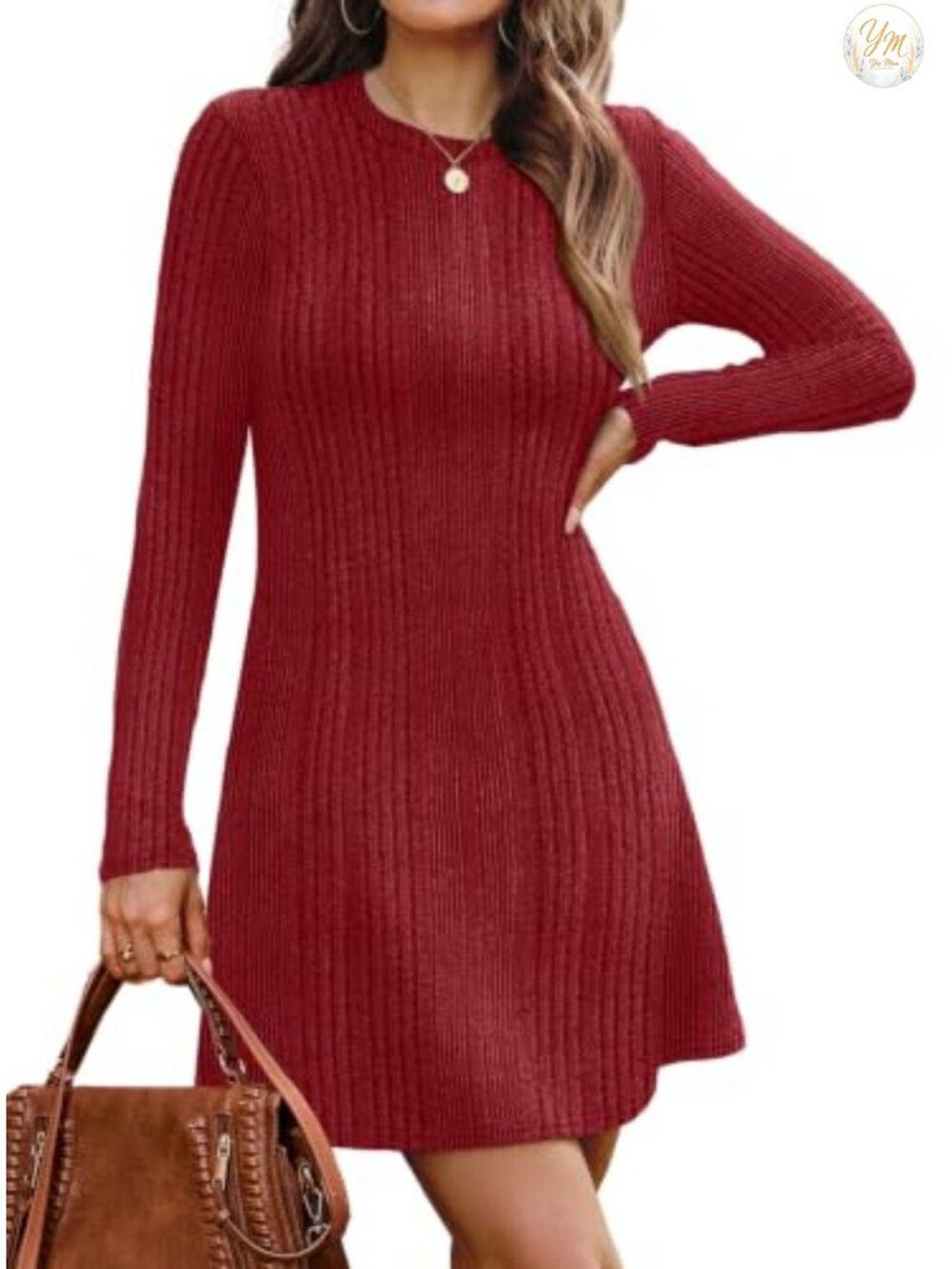 Long Sleeve Ribbed Knit Bodycon Sweater Dress Crew Neck A-Line